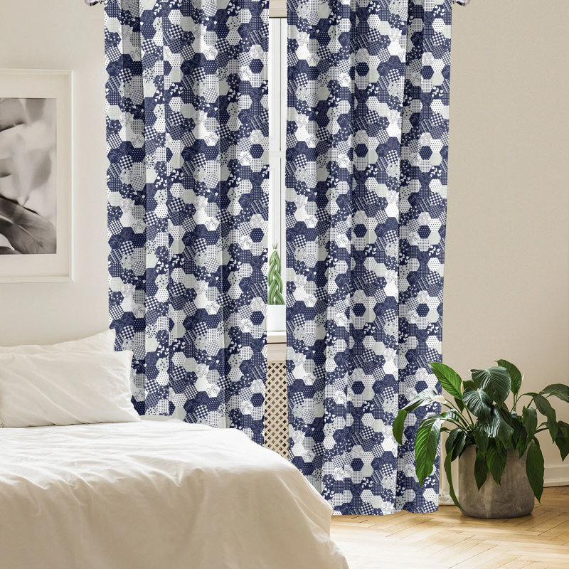 Navy and White Patchwork Rod Pocket Light Filtering Curtain Panels