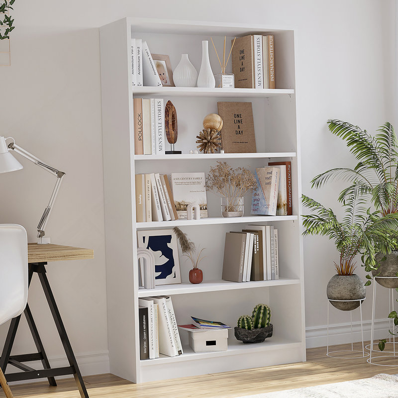 Bibliothèque blanche à 5 tablettes de 60 pouces de hauteur pour bibliothèque, solution de rangement réglable et durable