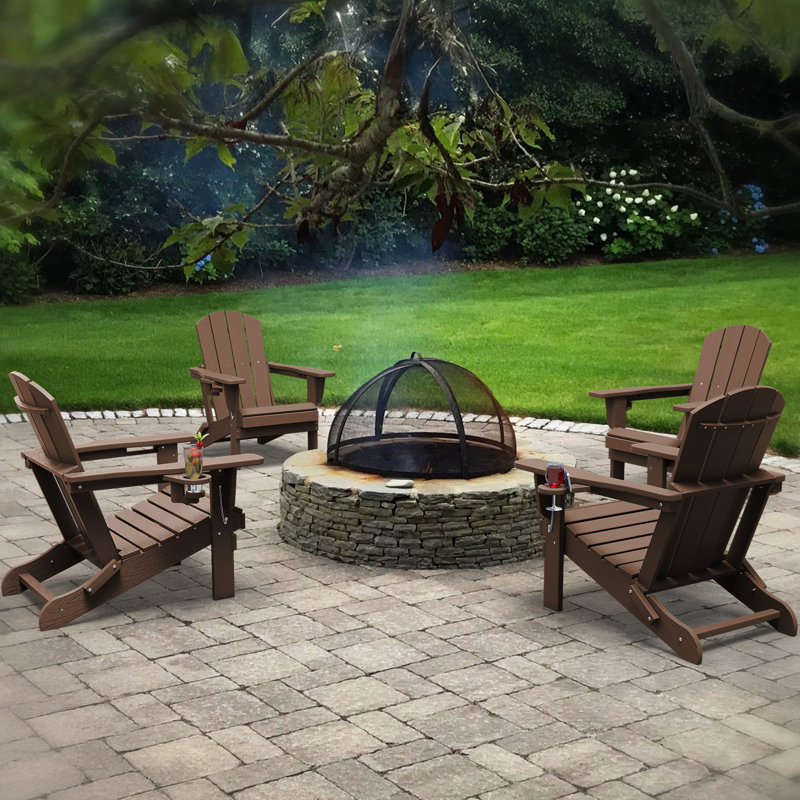 Delman High Density Polyethylene Folding Adirondack Chair With Double Cup Holder(Set Of 4), Brown
