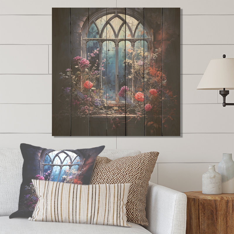 «I Floral Floral Gothic Church View I - Floral Window On Wood Print», H 15 po x l 15 po