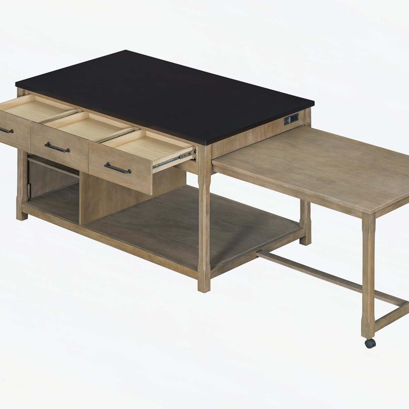 Extendable Kitchen Island with Storage, Multi-Functional Kitchen Cart with Built-In Power Outlets, Retro Kitchen Island on Wheels with Drawers and Open Shelves for Kitchen (Espresso+Natural)