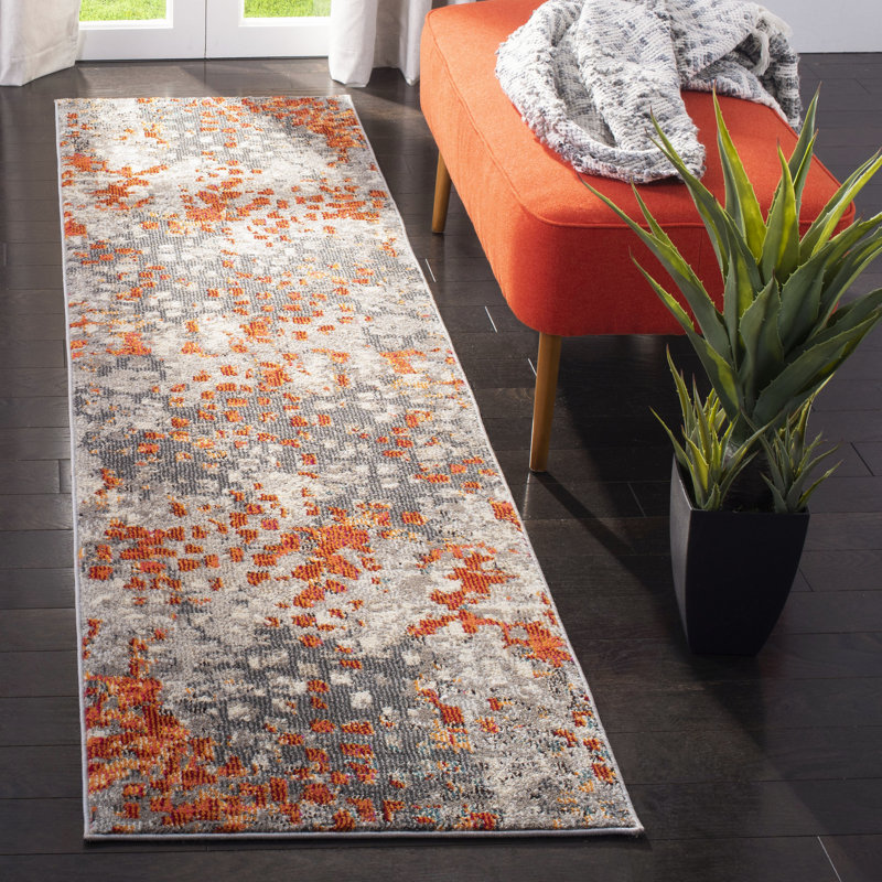 Tapis abstrait Hertzler, Tapis de couloir 2 pi 2 po x 16 pi, Gris / Orange