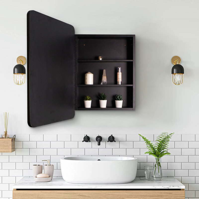Armoire à pharmacie murale ou en métal avec miroir, H 28 po x l 20 po x P 4,9 po, Noir / argenté