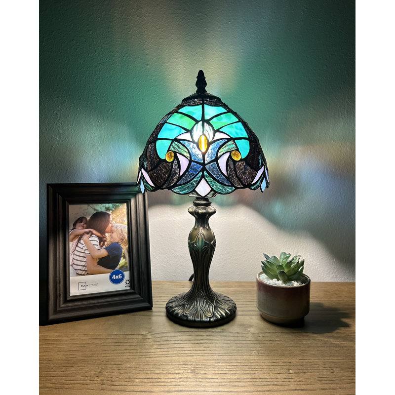 Navasart Tiffany Table Lamp Stained Glass Liaison  LED Bulb Included 8"W*8"D*15"H, Green