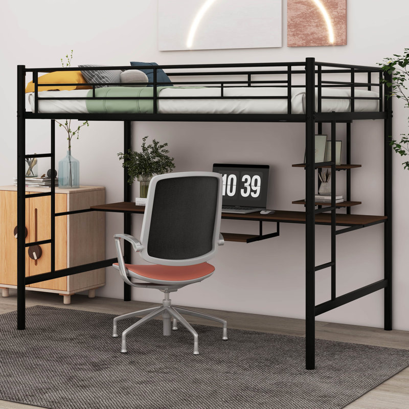 Lit mezzanine avec bureau et tablette, Double, Noyer