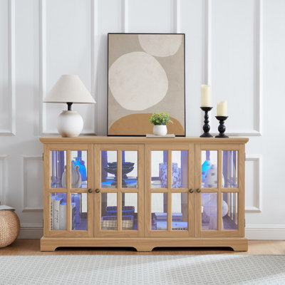LED Curio Display TV Stand Cabinet Antique Display Cabinet With Glass Doors Adjustable Shelves For Collectibles Four Door Design Vintage Showcase For Home Or Office Antique Display Case