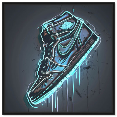 Notoriart Blue Glow Sneaker Framed 1 Piece Canvas Wall Art