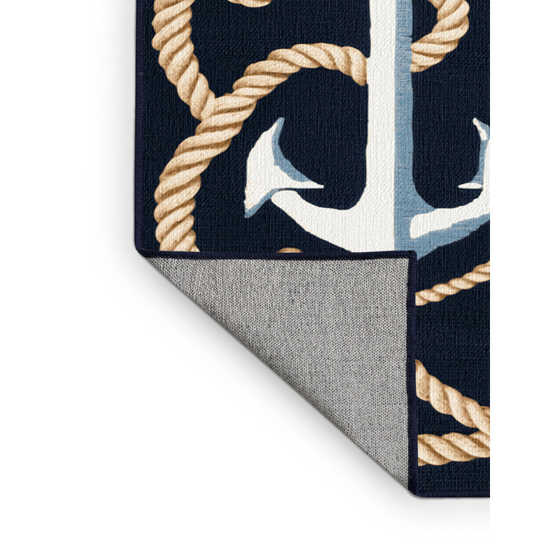 Washable Double Anchor Design Coastal Area Rug, Square 6'