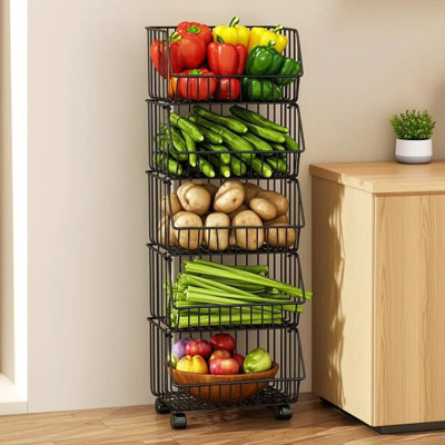 5 Tier Metal Fruit Vegetable Baskets Stackable Storage Baskets with Wheels Rolling Cart for Kitchen