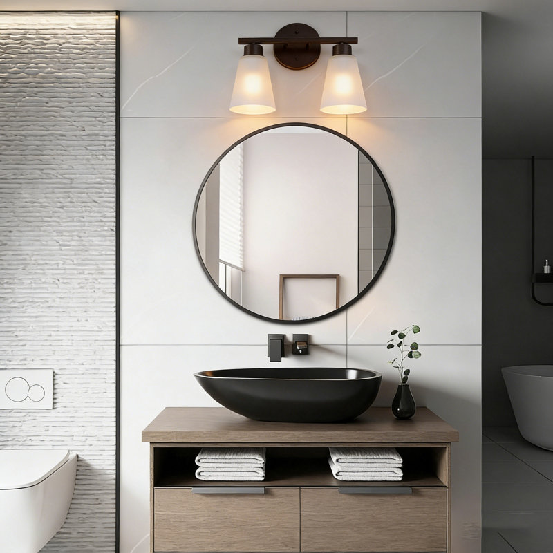 2-Light Brush Gray-Brown Bathroom Vanity Lights With Frosted Glass Shades