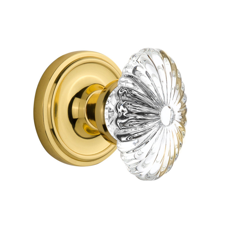 Crystal Fluted Oval Interior Mortise Door Knob with Classic Rosette, Unlacquered Brass