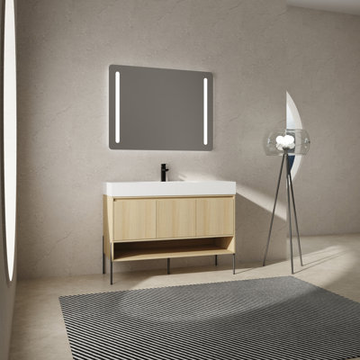 Ensemble de meuble-lavabo 48 po avec lavabo simple en résine, ensemble d'armoires de rangement modernes 3 portes, bois massif multicouche, chêne