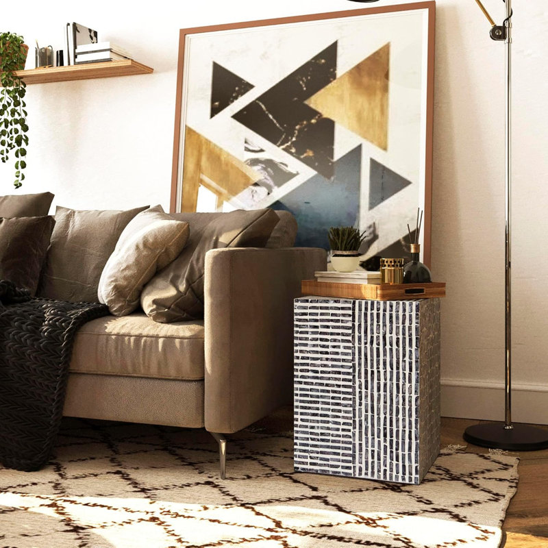 Handcrafted Capiz Shell Mosaic Drum End Table - Modern Boho Accent Table For Living Room, Bedroom, Or Patio