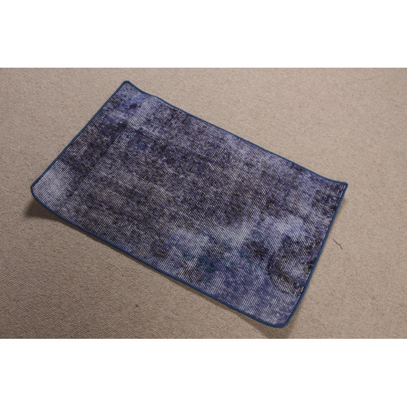 Petit tapis turc rétro bleu Anatolian surteint en laine Oushak idéal pour les portes