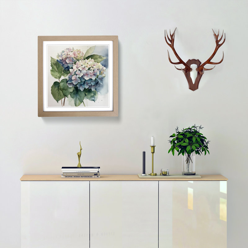 Hydrangea Watercolour No.2 - Single Picture Frame Print on Wood, Oak