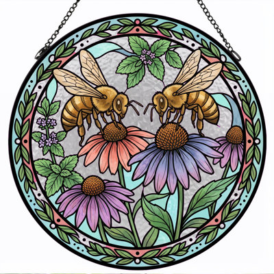 Bee Flower Stained Glass Window Panel，12"H