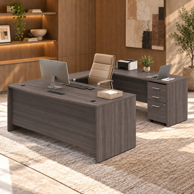 71" Bow Front L-Shaped Executive Desk with Mobile Lockable 3-Drawer File Pedestal, L Shape Office Workstation for Home & Commercial Office