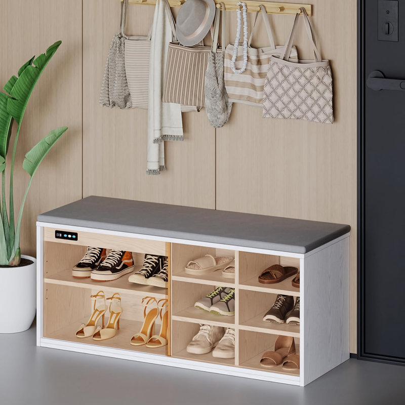 Banc de rangement pour chaussures Modern avec coussin, armoire de vestibule à 6 compartiments avec porte vitrée, tablettes réglables et désodorisant à ion négatif - blanc