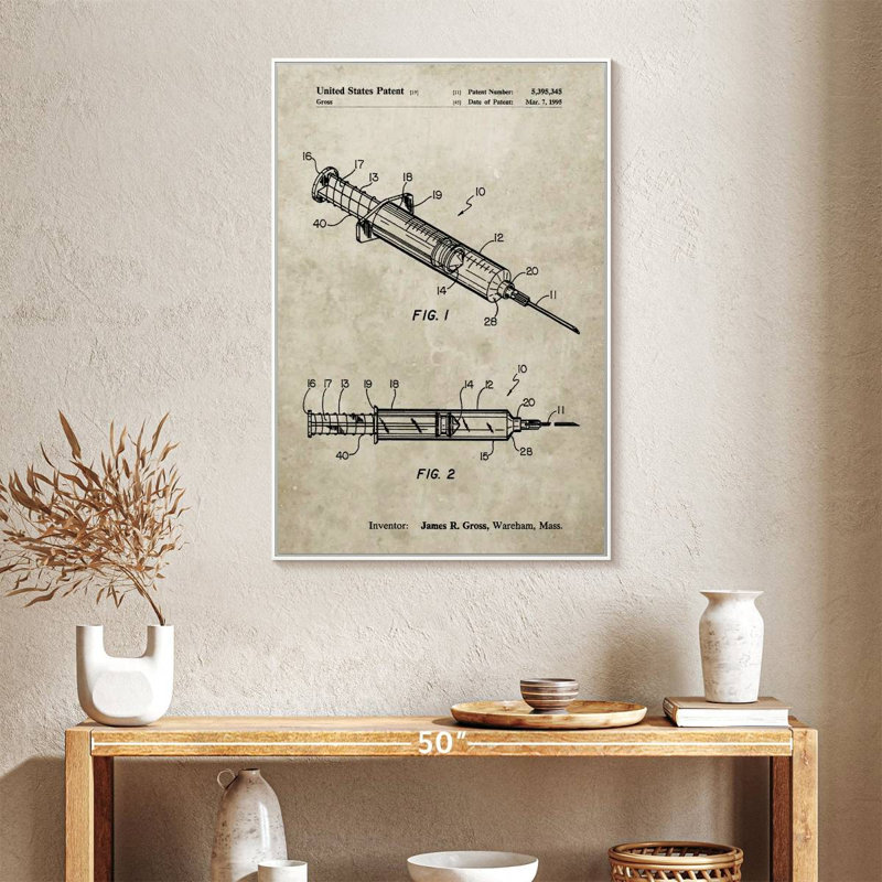 Affiche de brevet de seringues en grès, 25" x 37", Cadre flottant blanc