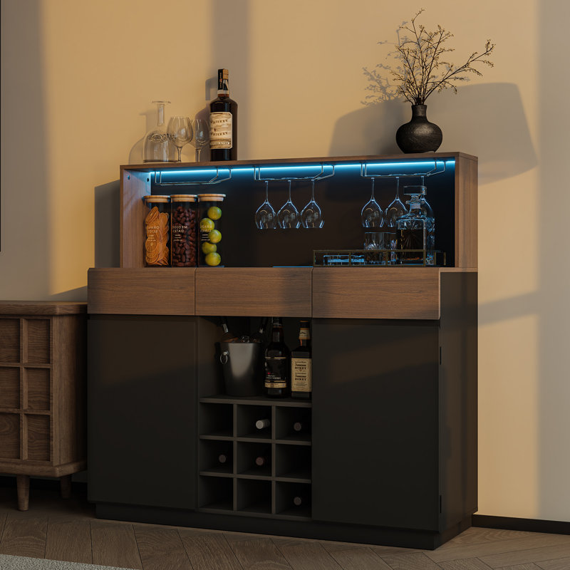 Modern Bar Cabinet With Storage, Coffee Bar With Led Lights And Charging Station, Home Bar With Stemware Holders, Wine Racks For Dining Room, Living Room