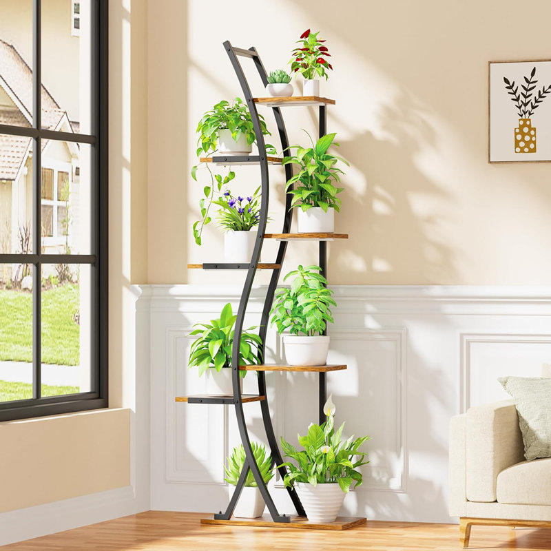 Support pour plante d'intérieur en métal à 7 niveaux avec lumières de culture, grand support de fleurs en forme de S