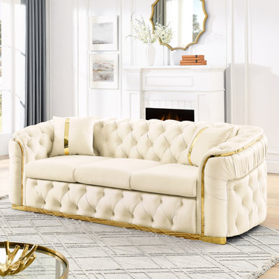 Modern Luxury 90.6 Inches Velvet , 3 Seater With 2 Pillows, Beige, Gold Stainless Steel Accents For Living Room Decor Beige 3 Accents, Inches,
