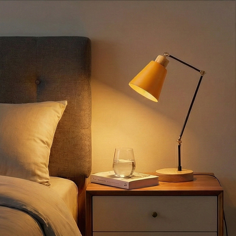 Lampe de table réglable en métal à base en bois, Orange abricot