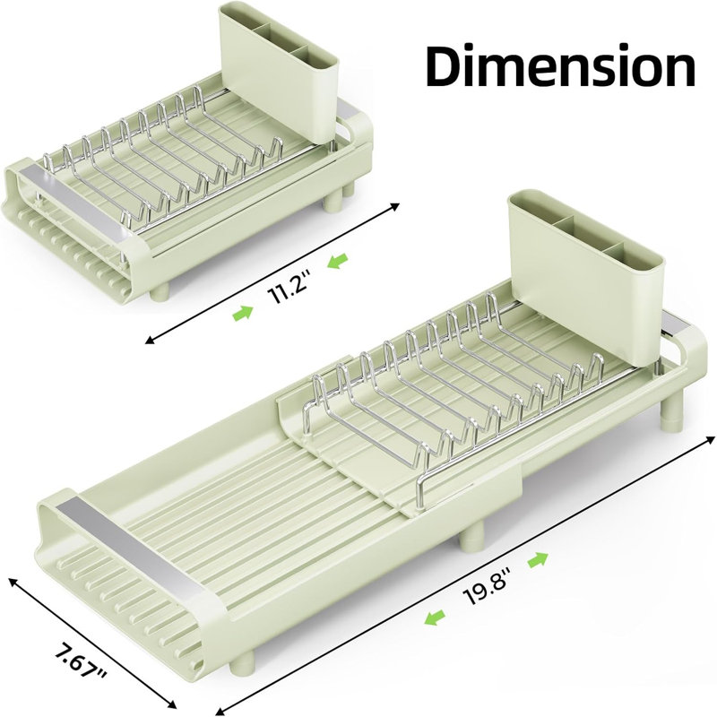 Égouttoir à vaisselle extensible et peu encombrant, mini égouttoir gris-vert pour comptoir, format compact adapté à l'évier ou au comptoir, en acier inoxydable