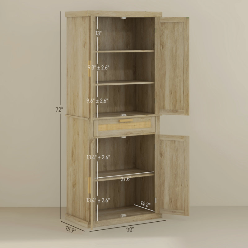 Oak and Rattan 72" Tall Kitchen Pantry Storage Cabinet