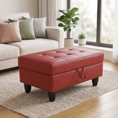 Storage Ottoman Bench, Tufted Stitched Faux Leather, Red