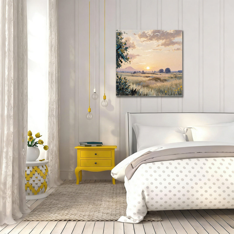 Prairie vue du lever du soleil, art mural en bois encastré, L 16 x l 16