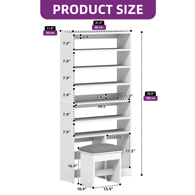 19 Pairs Shoe Storage Cabinet, 71" Tall Shoe Rack With Open Storage, White