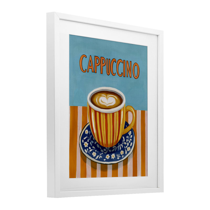Impression cappuccino à rayures bleues et orange sous verre, design par Yen, H 21 po x l 17 po