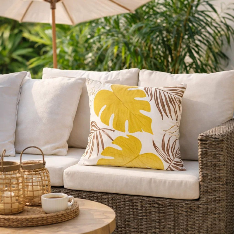 Housse de coussin Lefy, housse jaune et feuilles blanches, carré 20 pouces, Jaune / Blanc