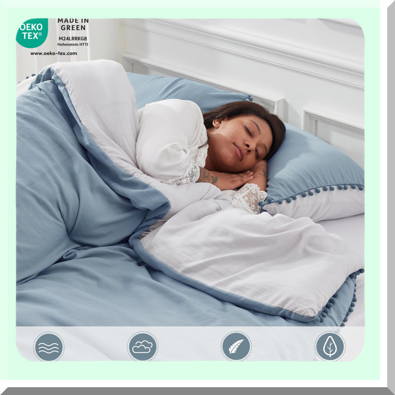 Pom Pom Fringe Comforter Set - 5-Piece Reversible Bed in a Bag with Sheets & Pillowcases - Cozy Bedding Set for Beds
