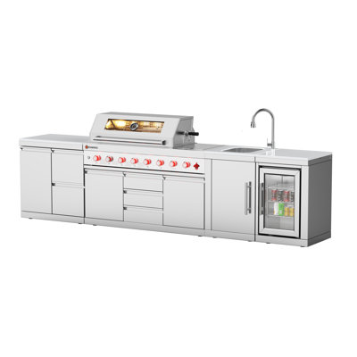 VESTIVIUM 4-Piece Outdoor Kitchen Island Set – All 304 Stainless Steel 6-Burner Gas Grill with Side & Infrared Burner, Single-Door Sink Module, Single-Door Refrigerator Module & Cabinet Drawer Storage Combo, White Quartz Countertop