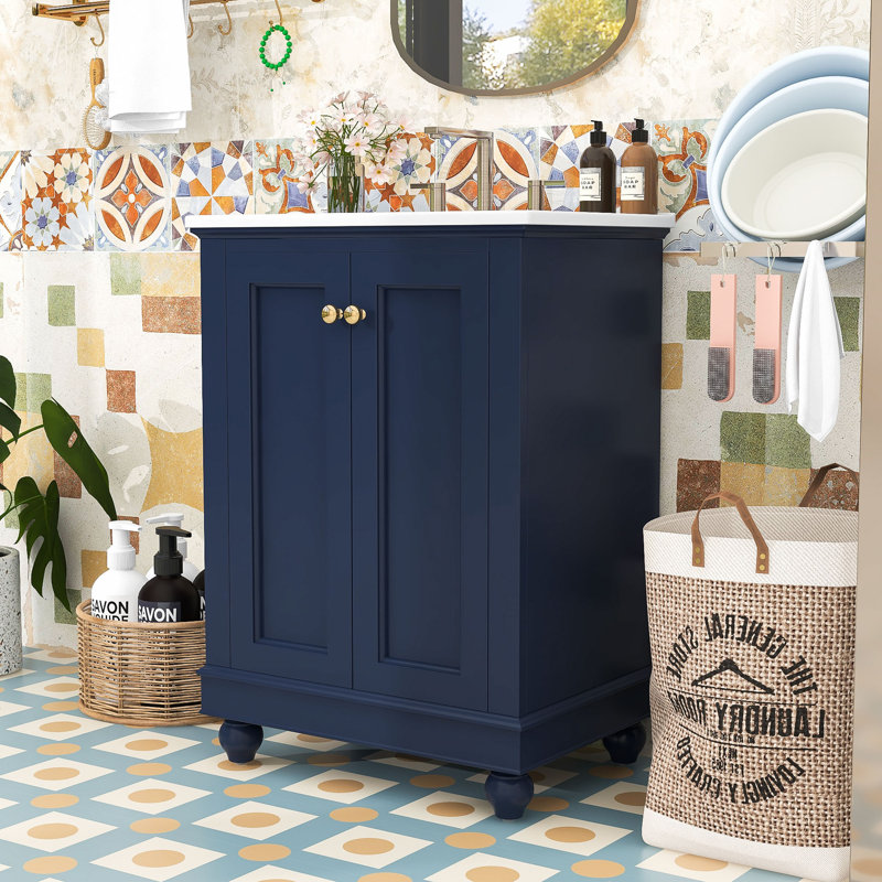 Meuble-lavabo autoportant moderne avec lavabo en céramique, charnières à fermeture douce et tablette réglable, Blue