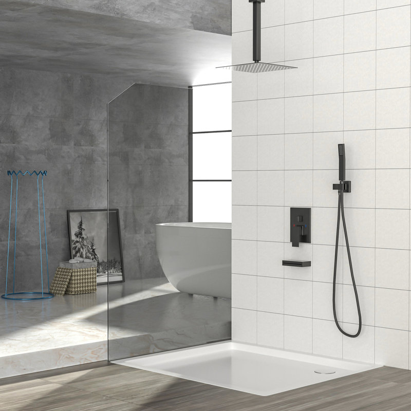 Système de douche de baignoire noir mat: pluie carrée de 12 po, ensemble d'installation de douchette à main et en cascade: carrée de 12 po