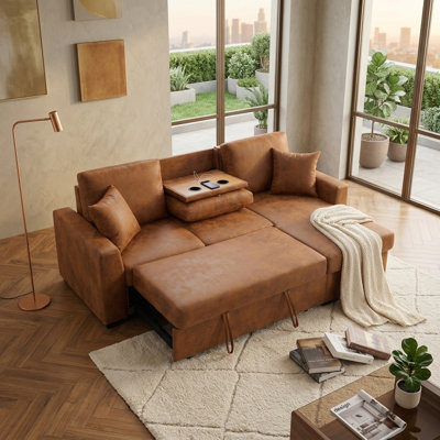 Canapé d'angle convertible réversible en similicuir de 94 pouces avec lit gigogne, méridienne de rangement, port USB et porte-gobelets