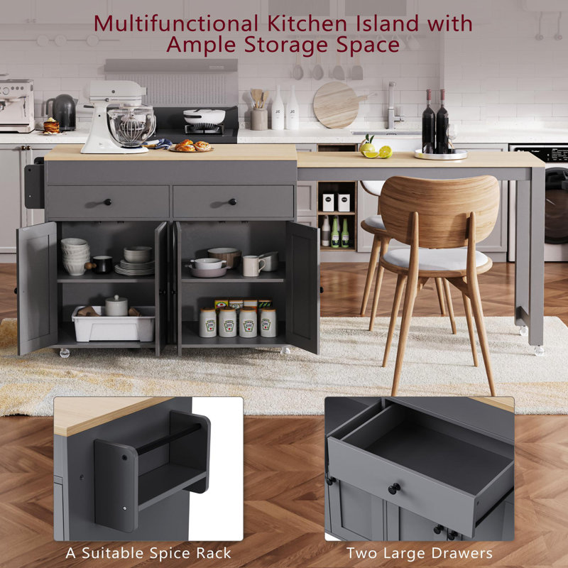 Kitchen Island with Extendable Dining Table, Gray