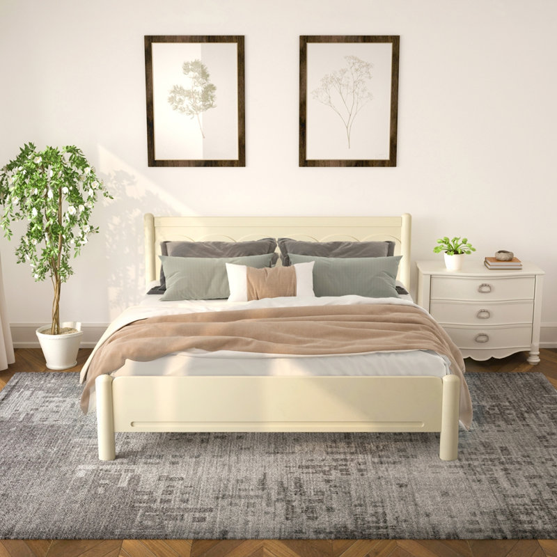 Lit plateforme Cammi avec tête de lit et lattes en bois, Beige / Naturel, Très grand