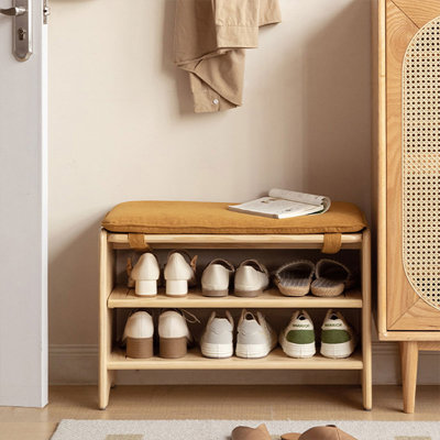 Banc en bois massif jaune rembourré en velours côtelé Burlywood