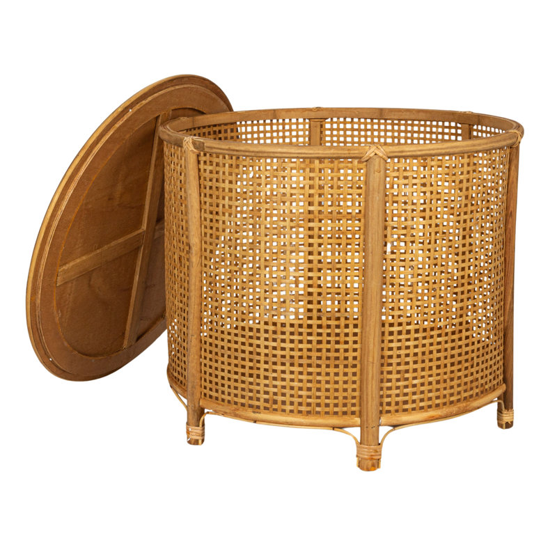 Round Bamboo and Rattan Accent Storage Table, Natural