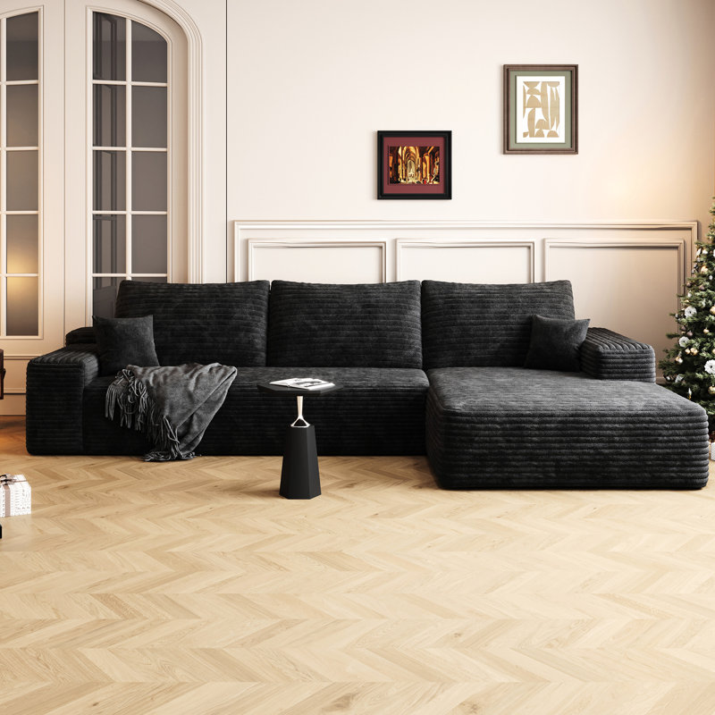 Canapé modulaire en L 107 po rembourré en velours côtelé noir de 107 po, moderne et polyvalent pour plusieurs pièces, sans assemblage requis. Canapé modulaire confortable dans le salon, noir.