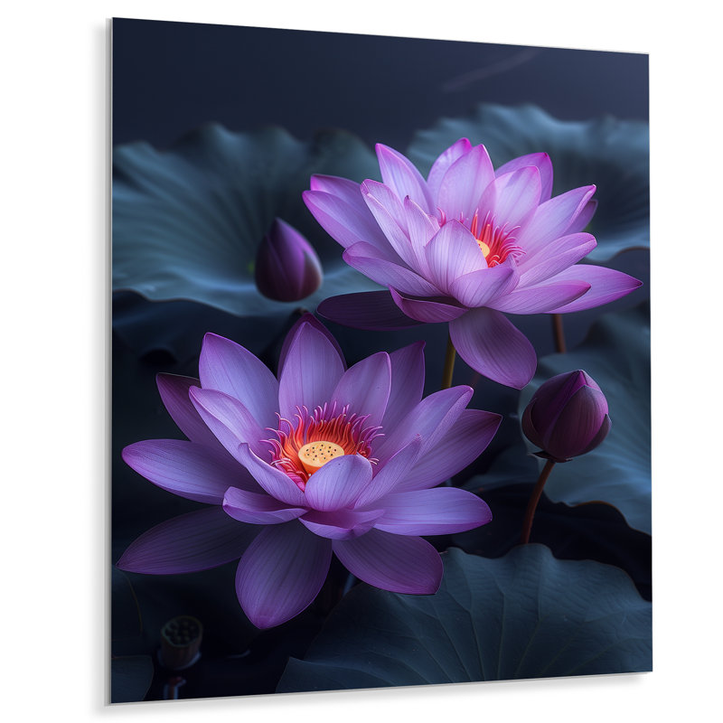 Fleurs de lotus mauves et grises - art mural Lotus, Sans cadre, métal, H 34 po x l 44 po