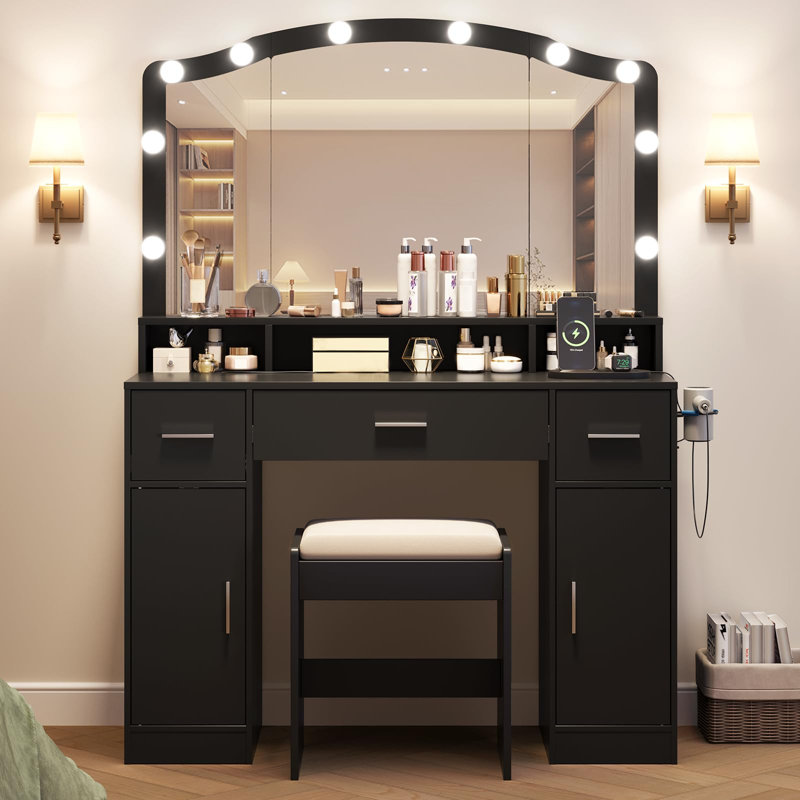 Bureau de coiffeuse avec miroir et lumières, ensemble de coiffeuse avec 3 tiroirs, 2 armoires et tabouret, table de maquillage avec prise de courant, pour chambre à coucher, vestiaire (noir)