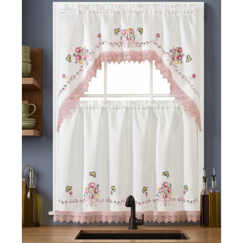 White Pink Bitterly Embroidery Kitchen Curtain 3pc Set Swag & Tiers Set