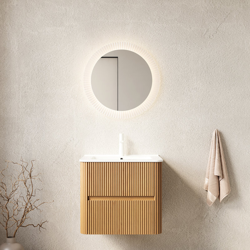 Meuble-lavabo mural de 61 cm (24 po) avec armoire en contreplaqué, 2 tiroirs, lavabo en céramique blanche brillante, finition naturelle, fermeture douce et silencieuse, design d'angle arrondi, lavabo flottant rayé, tiroirs lisses