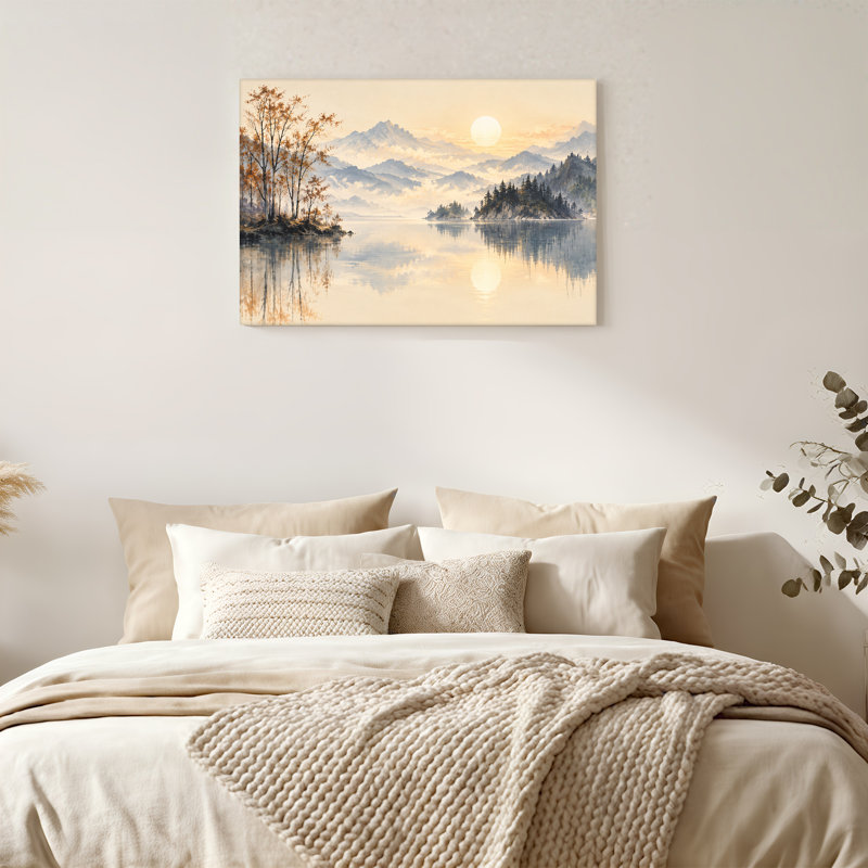Art sur toile Misty Mountain Lake avec arbres d'automne et soleil doré, H 24 po x l 36 po