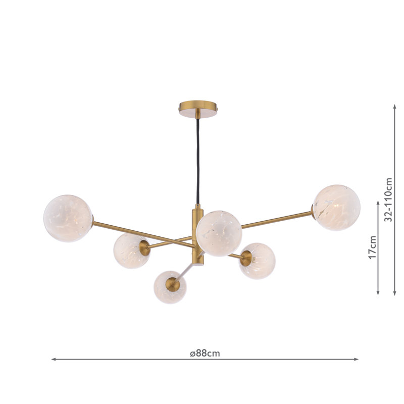 Vignette 6LT PENDANT POL CHR CW GLS 10CM, Aged Brass/White, 127cm H x 80cm W x 80cm D